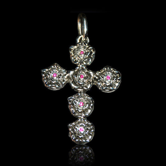 Imperial Small Rose Sterling Silver Cross Pendant with Ruby Stones