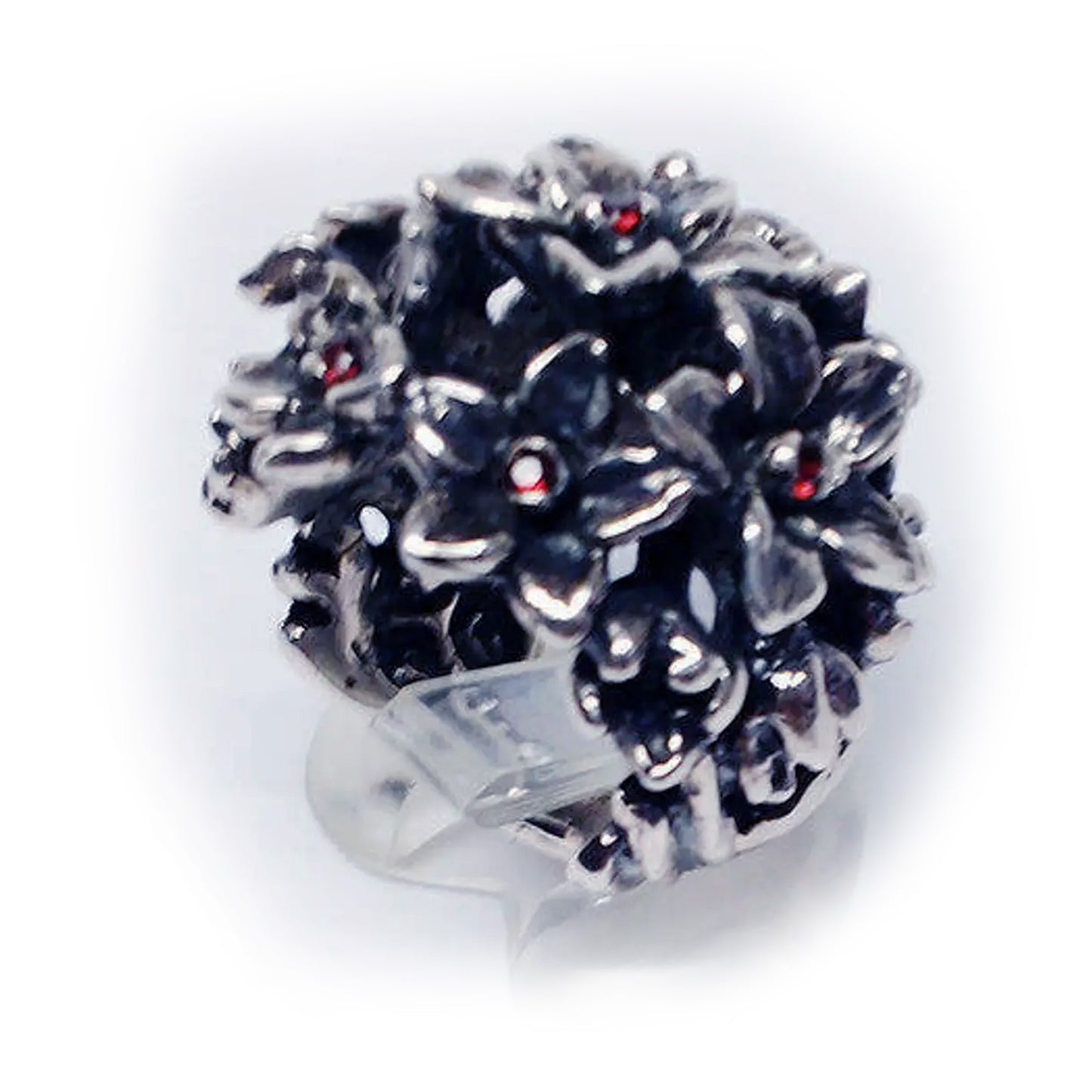 July Birth Flower Larkspur Sterling Silver Ring with Birthstones Rubies