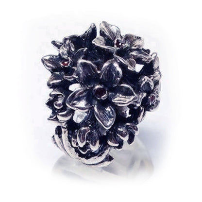 July Birth Flower Larkspur Sterling Silver Ring with Birthstones Rubies