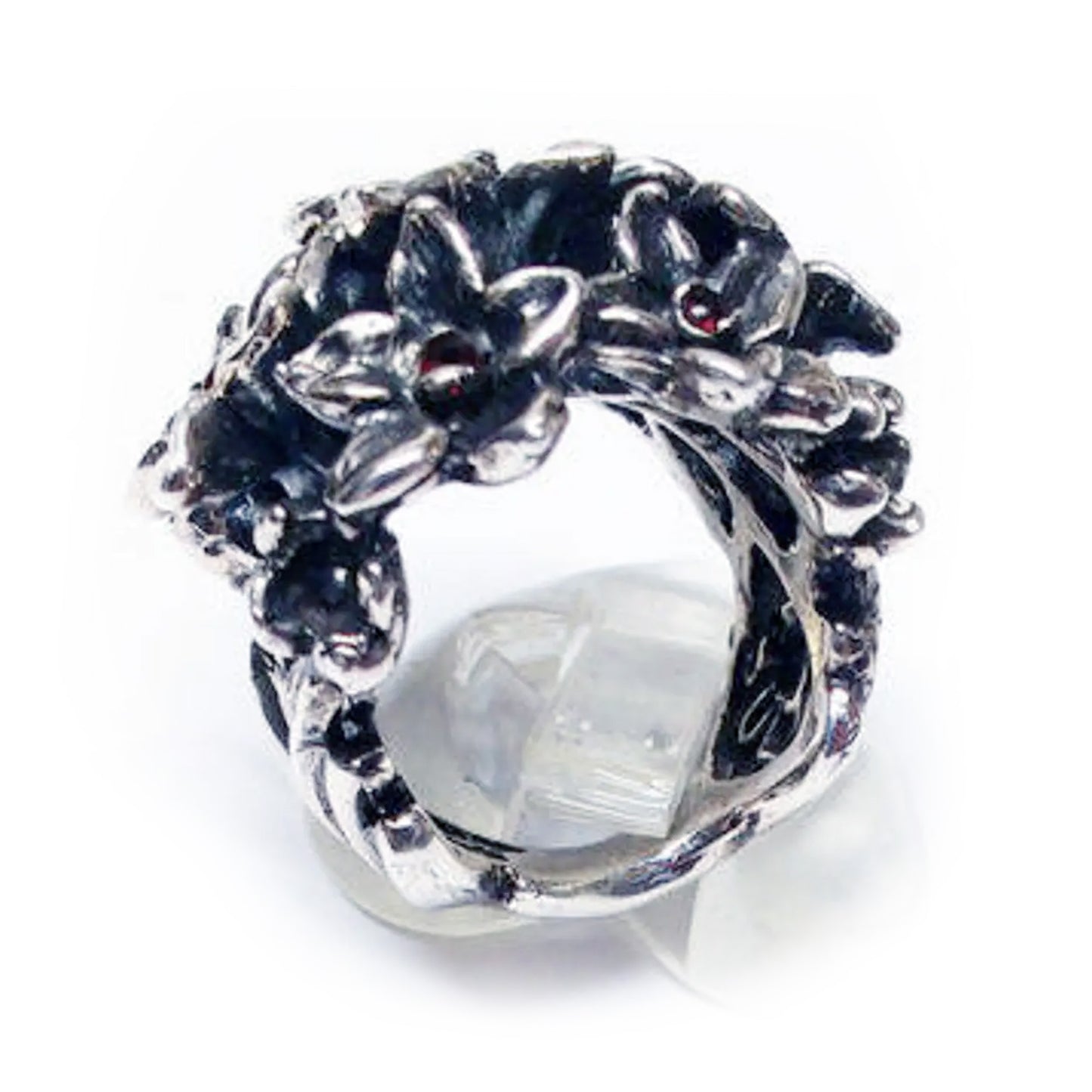 July Birth Flower Larkspur Sterling Silver Ring with Birthstones Rubies