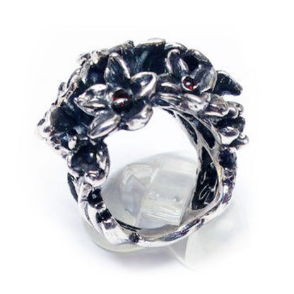 July Birth Flower Larkspur Sterling Silver Ring with Birthstones Rubies