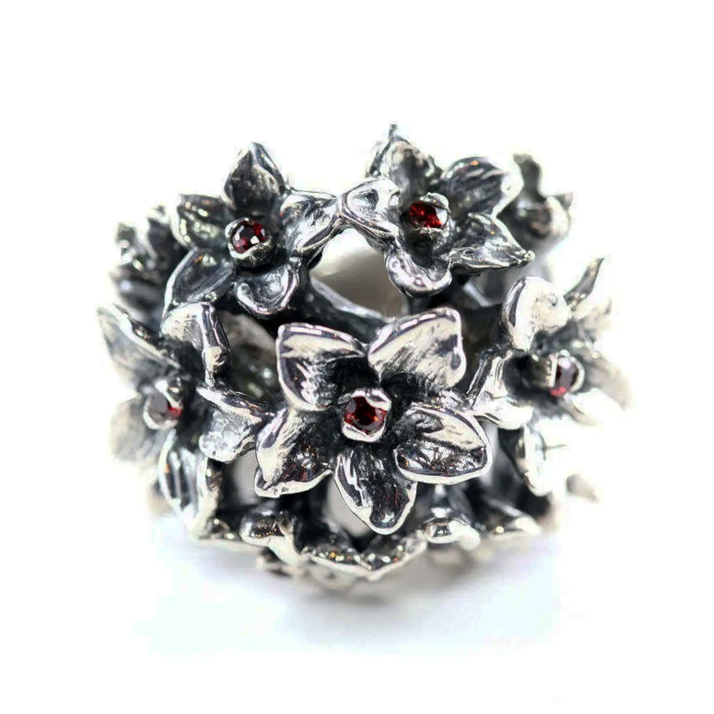 July Birth Flower Larkspur Sterling Silver Ring with Birthstones Rubies