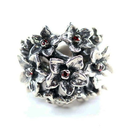 July Birth Flower Larkspur Sterling Silver Ring with Birthstones Rubies