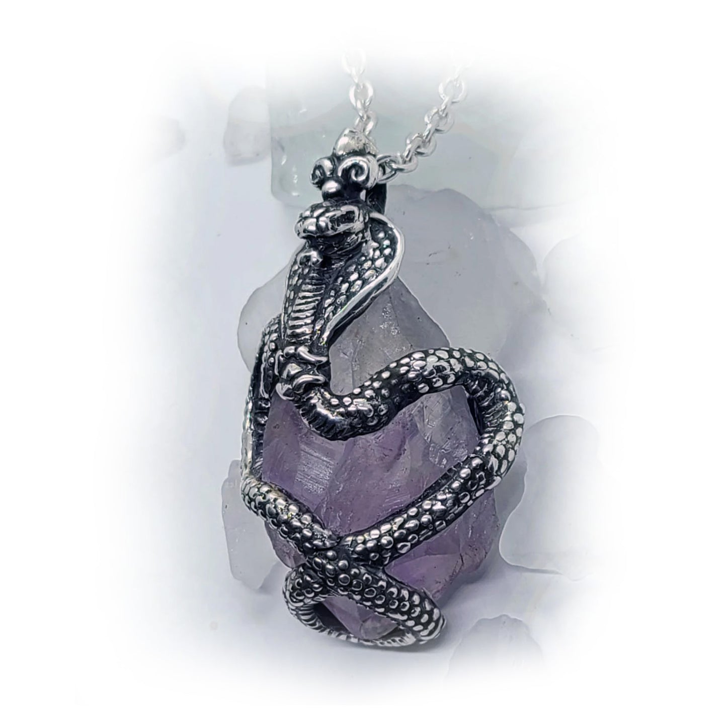 King Cobra with Natural Amethyst Stone Sterling Silver Necklace