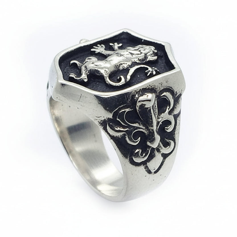 Lion Shield with Eagle Snake Sterling Silver Ring