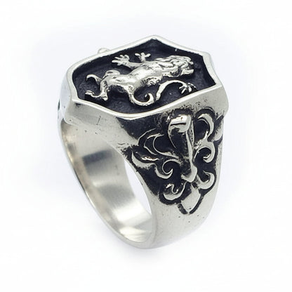 Lion Shield with Eagle Snake Sterling Silver Ring
