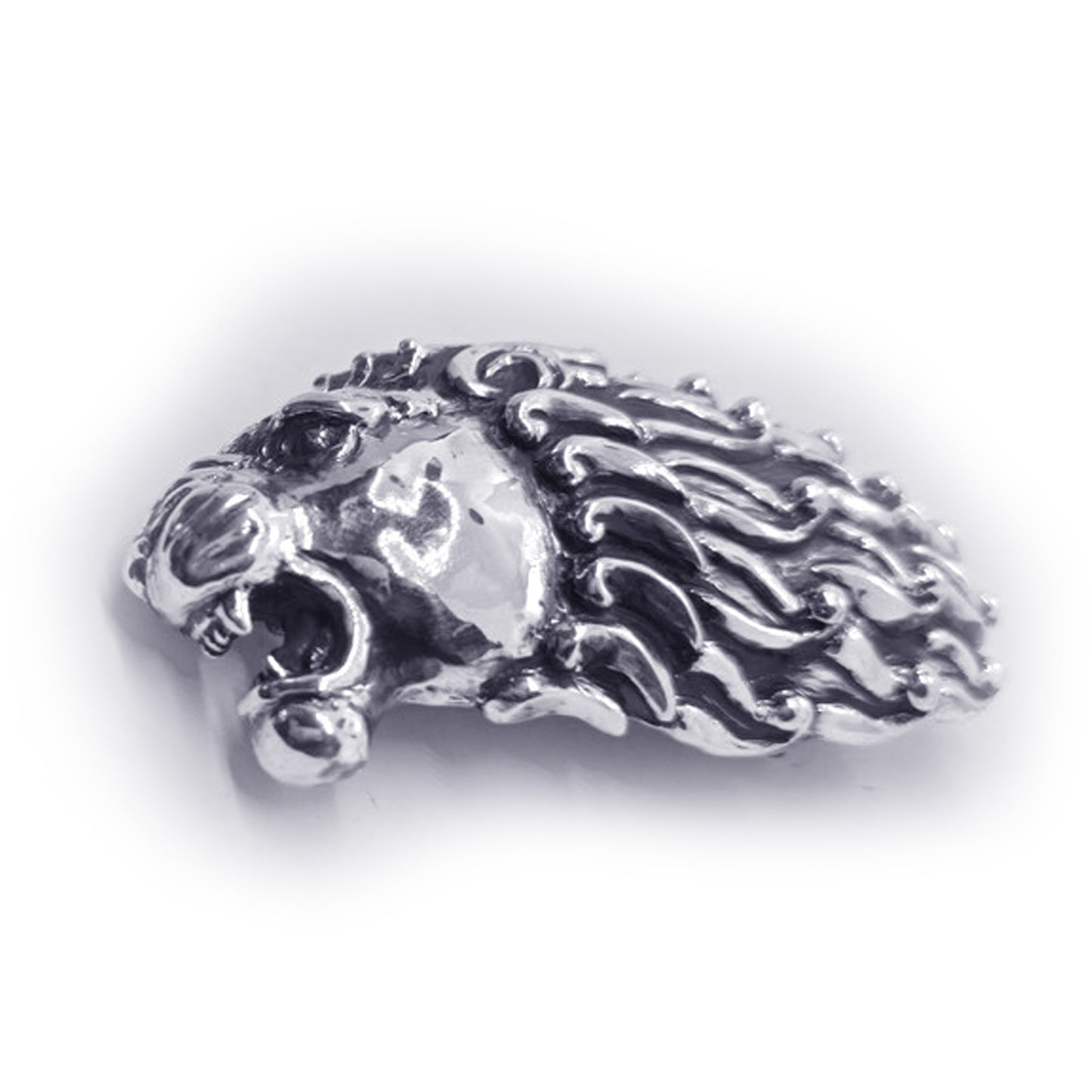 Lion Angry Head Curly Designed Hair Sterling Silver Belt Buckle