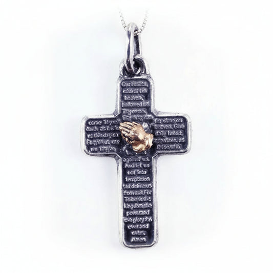 Lord’s Prayer Silver Cross With Praying Hands