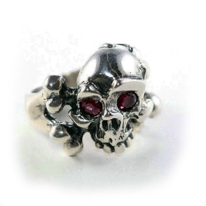 Mad Eye Skull Sterling Silver Ring with Garnet Stone