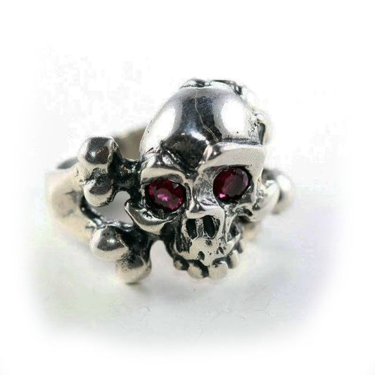 Mad Eye Skull Sterling Silver Ring with Garnet Stone
