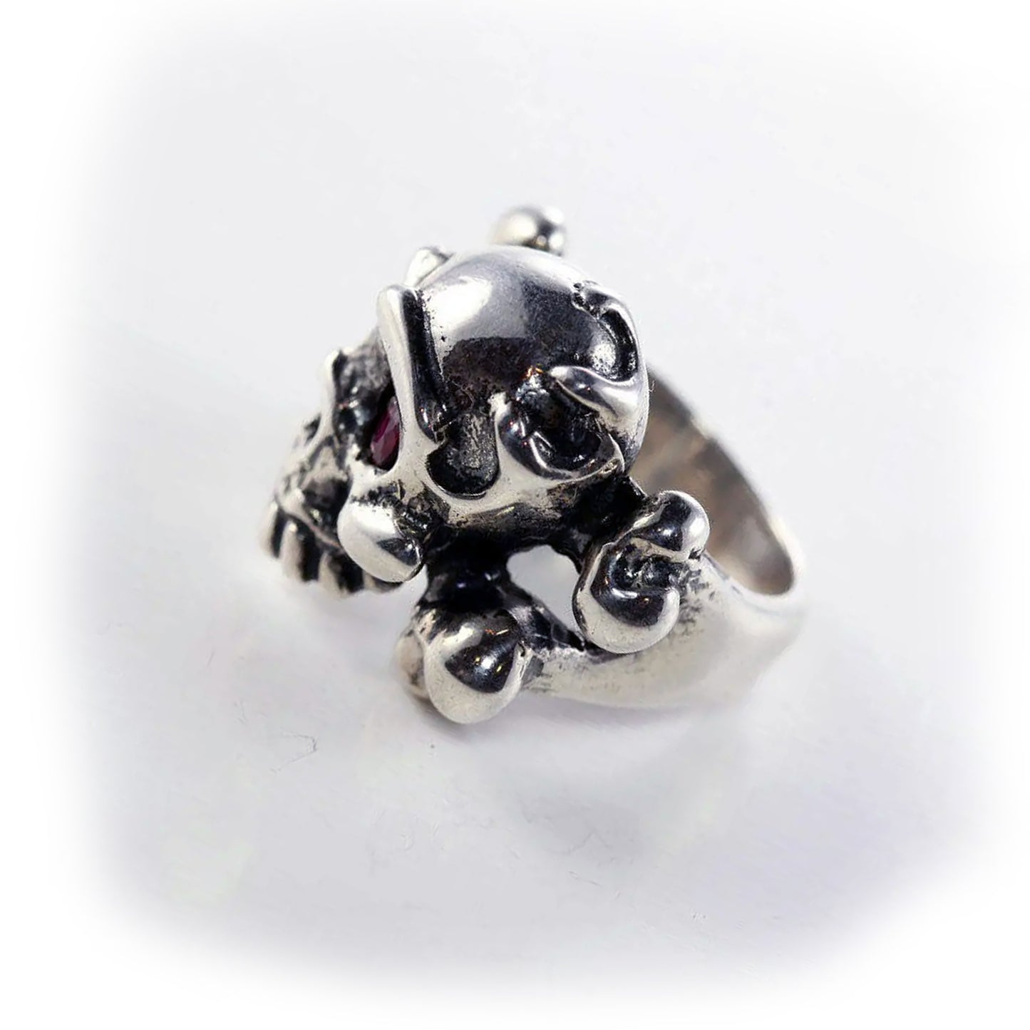 Mad Eye Skull Sterling Silver Ring with Garnet Stone