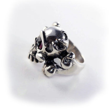Mad Eye Skull Sterling Silver Ring with Garnet Stone