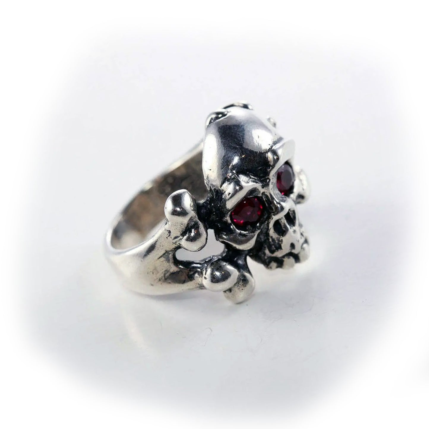 Mad Eye Skull Sterling Silver Ring with Garnet Stone