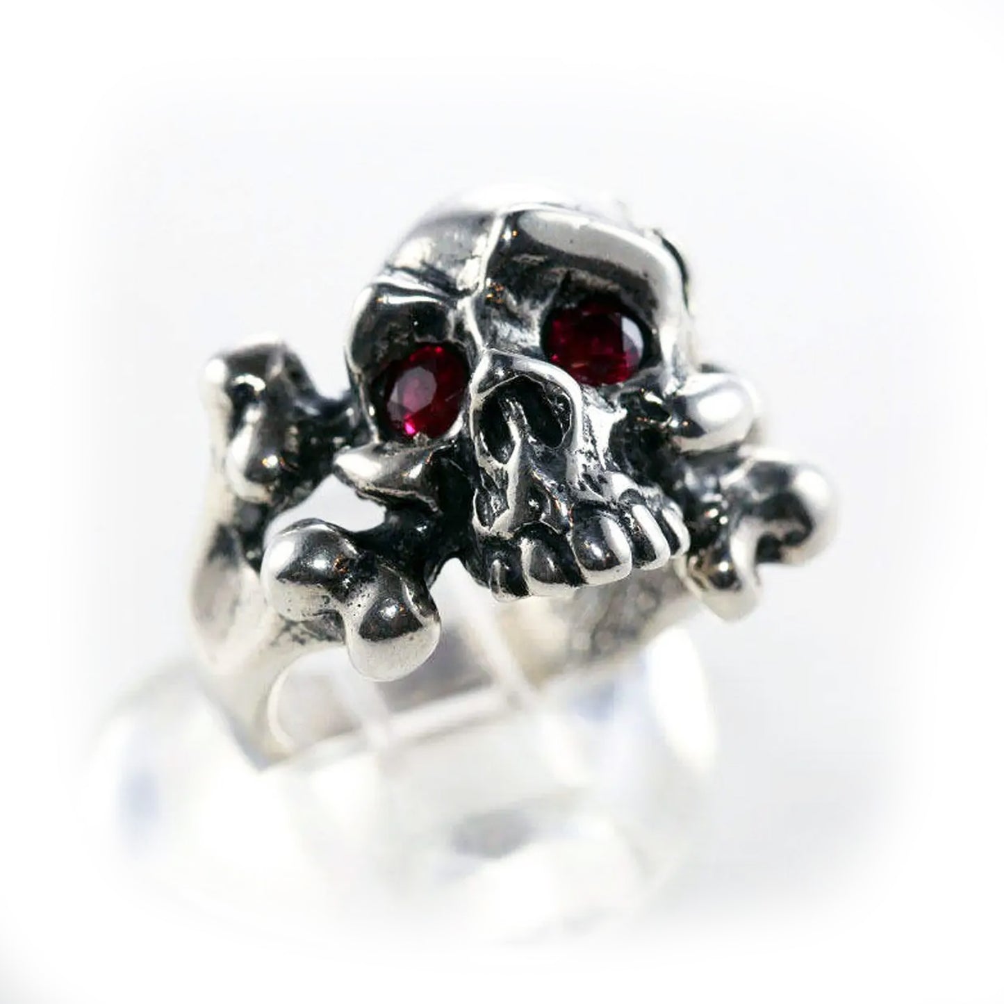 Mad Eye Skull Sterling Silver Ring with Garnet Stone
