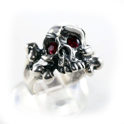 Mad Eye Skull Sterling Silver Ring with Garnet Stone