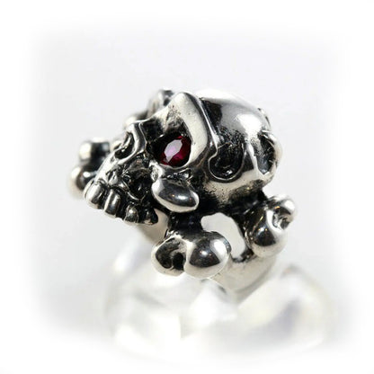 Mad Eye Skull Sterling Silver Ring with Garnet Stone