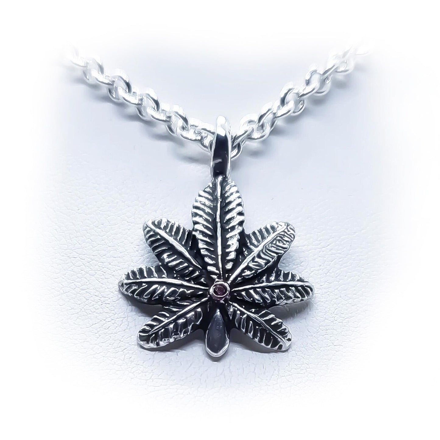 Marijuana leaf with Ruby Stone Sterling Silver Pendant