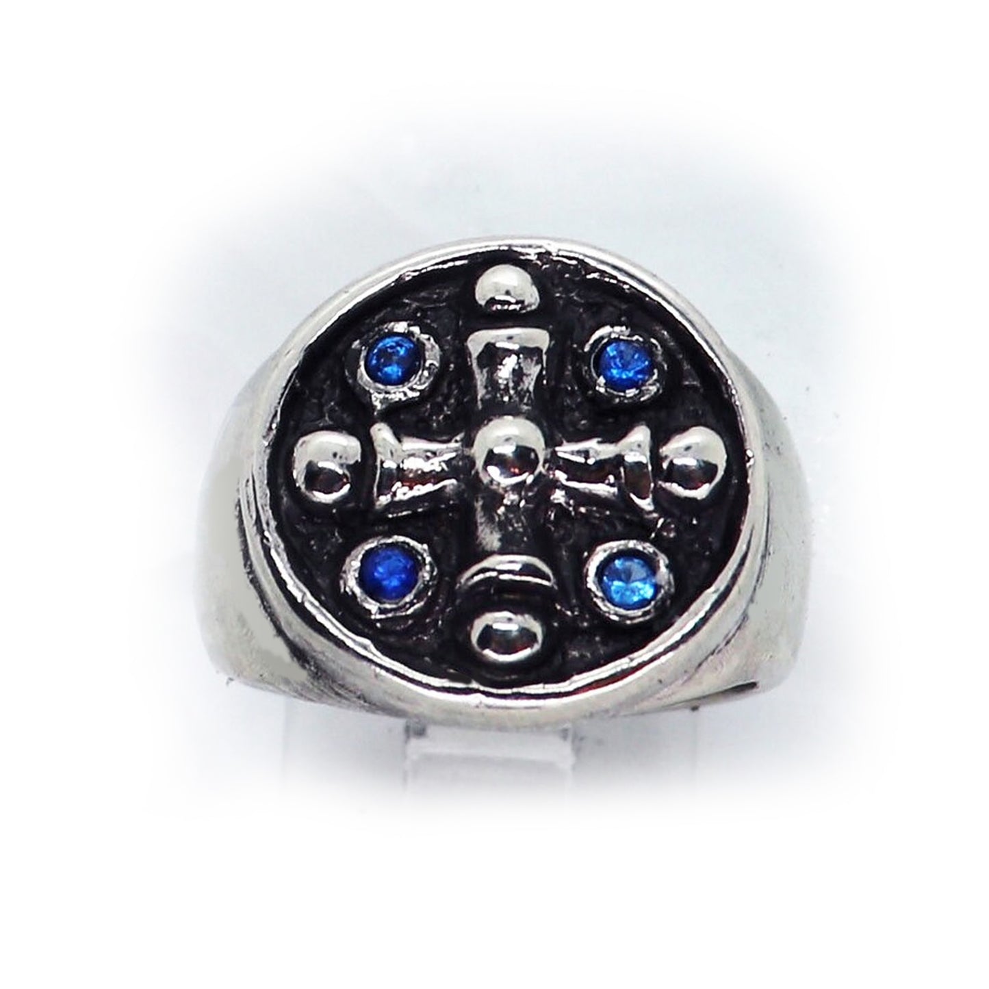 Middle-Aged Cross with Blue Stones Sterling Silver Ring