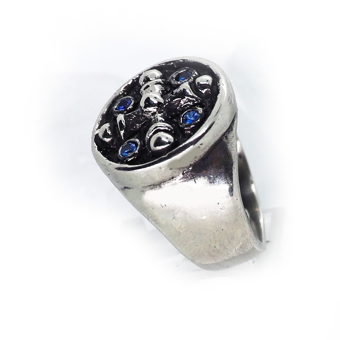 Middle-Aged Cross with Blue Stones Sterling Silver Ring