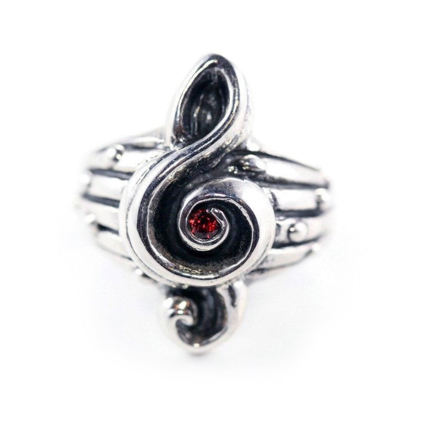 Music Treble Clef Sterling Silver Ring with Garnet Stone