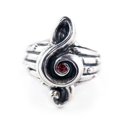 Music Treble Clef Sterling Silver Ring with Garnet Stone