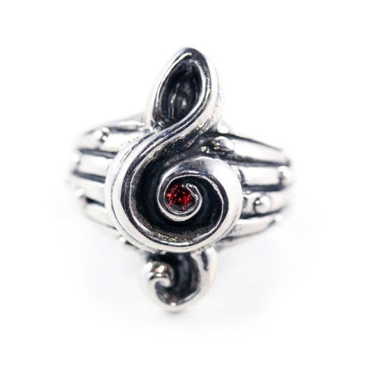 Music Treble Clef Sterling Silver Ring with Garnet Stone