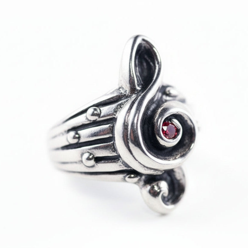 Music Treble Clef Sterling Silver Ring with Garnet Stone