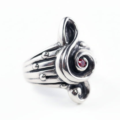 Music Treble Clef Sterling Silver Ring with Garnet Stone