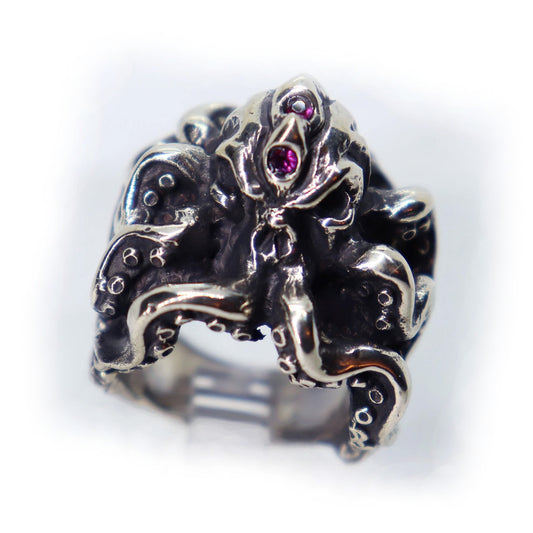 Octopus Sterling Silver Ring with Ruby Stones
