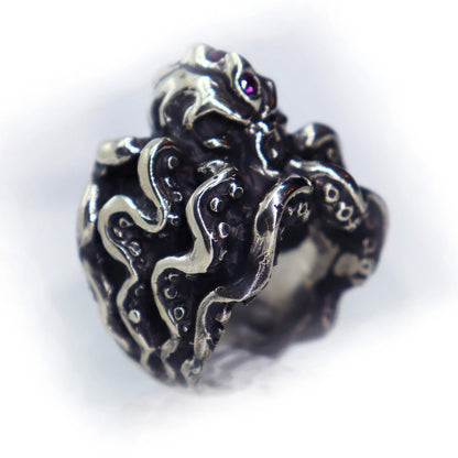 Octopus Sterling Silver Ring with Ruby Stones