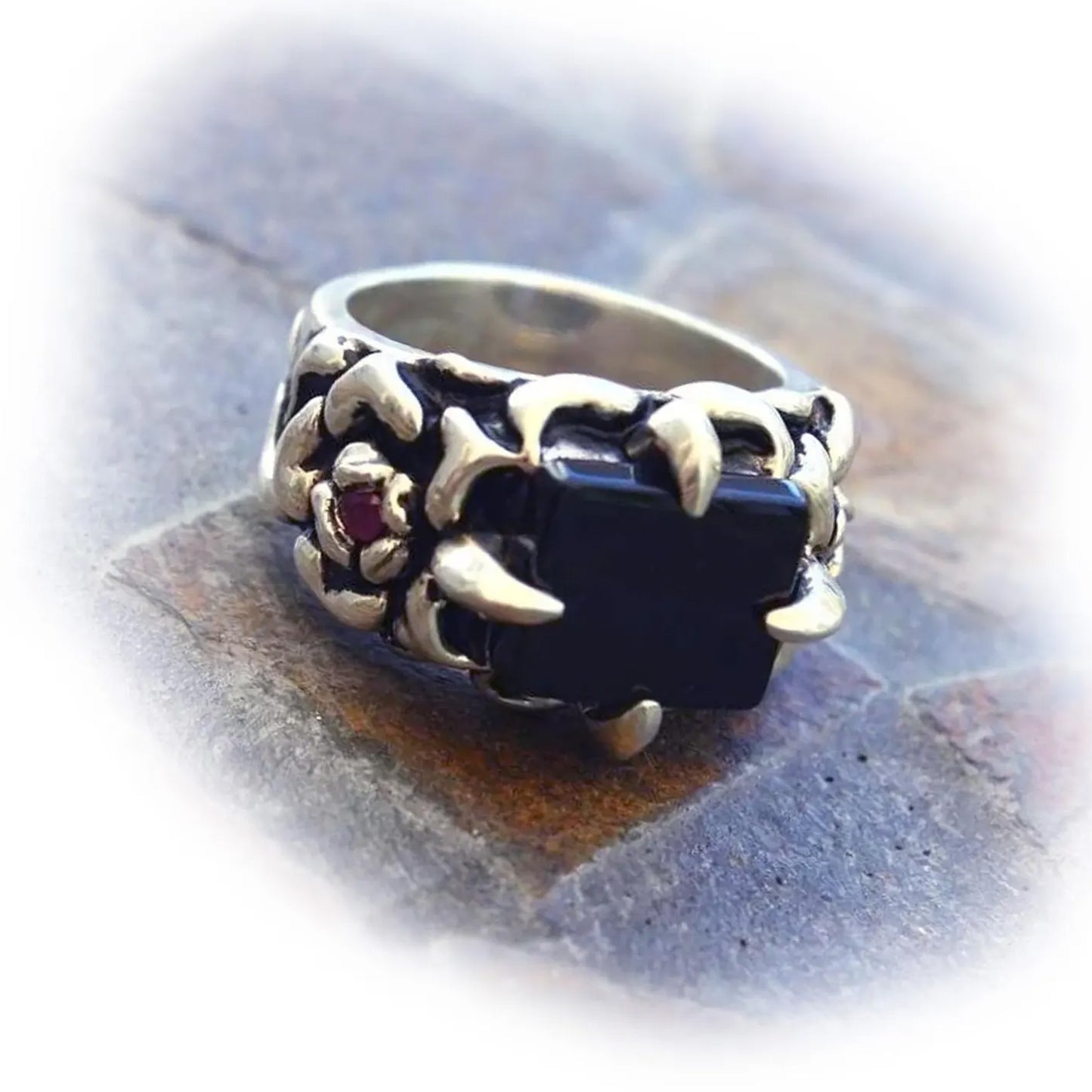 Onyx Square Stone and Ruby Imperial Silver Ring