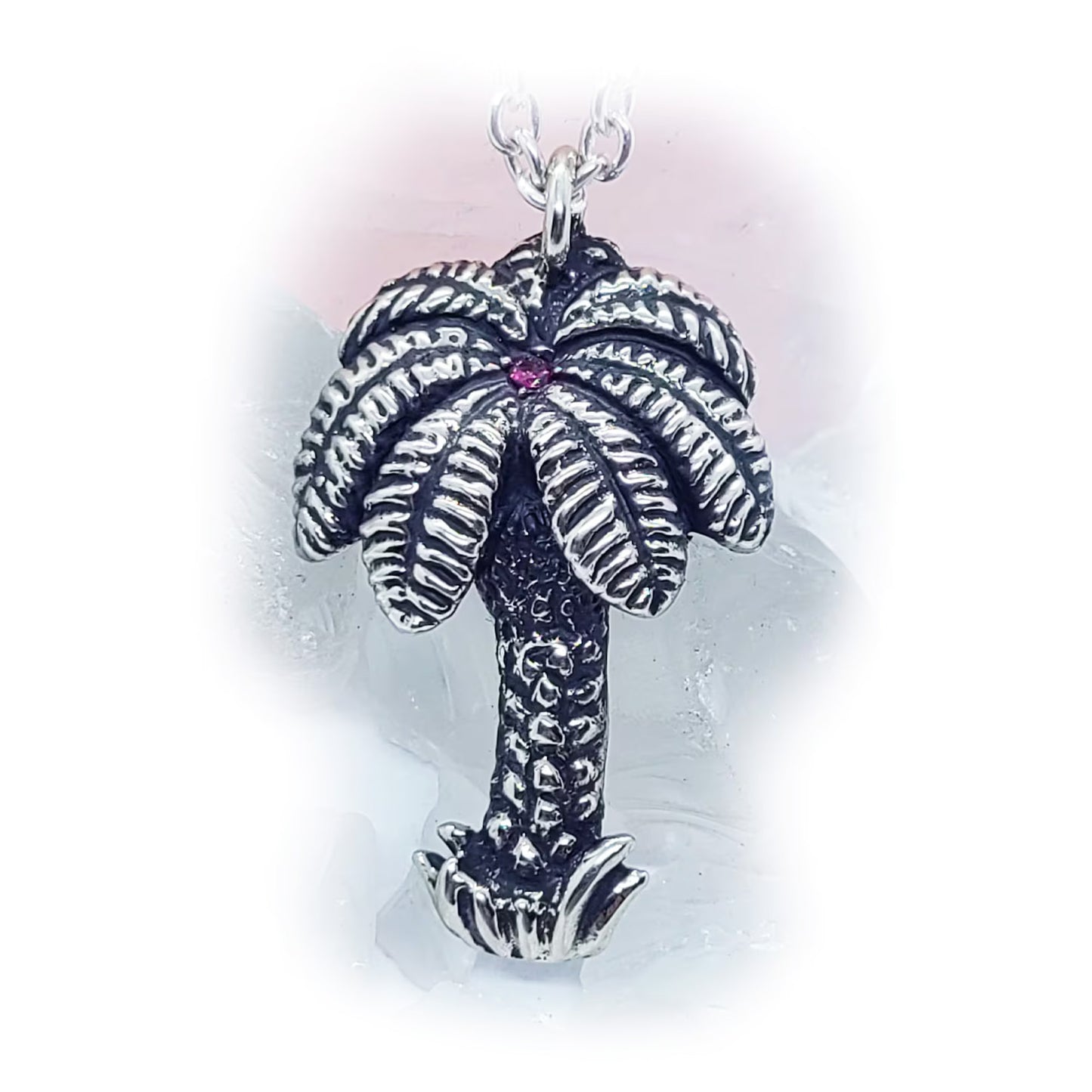 Palm Tree with Ruby Stone Sterling Silver Pendant