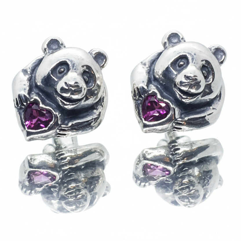 Panda Sterling Silver Earring with Heart Stones