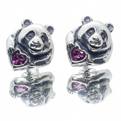 Panda Sterling Silver Earring with Heart Stones