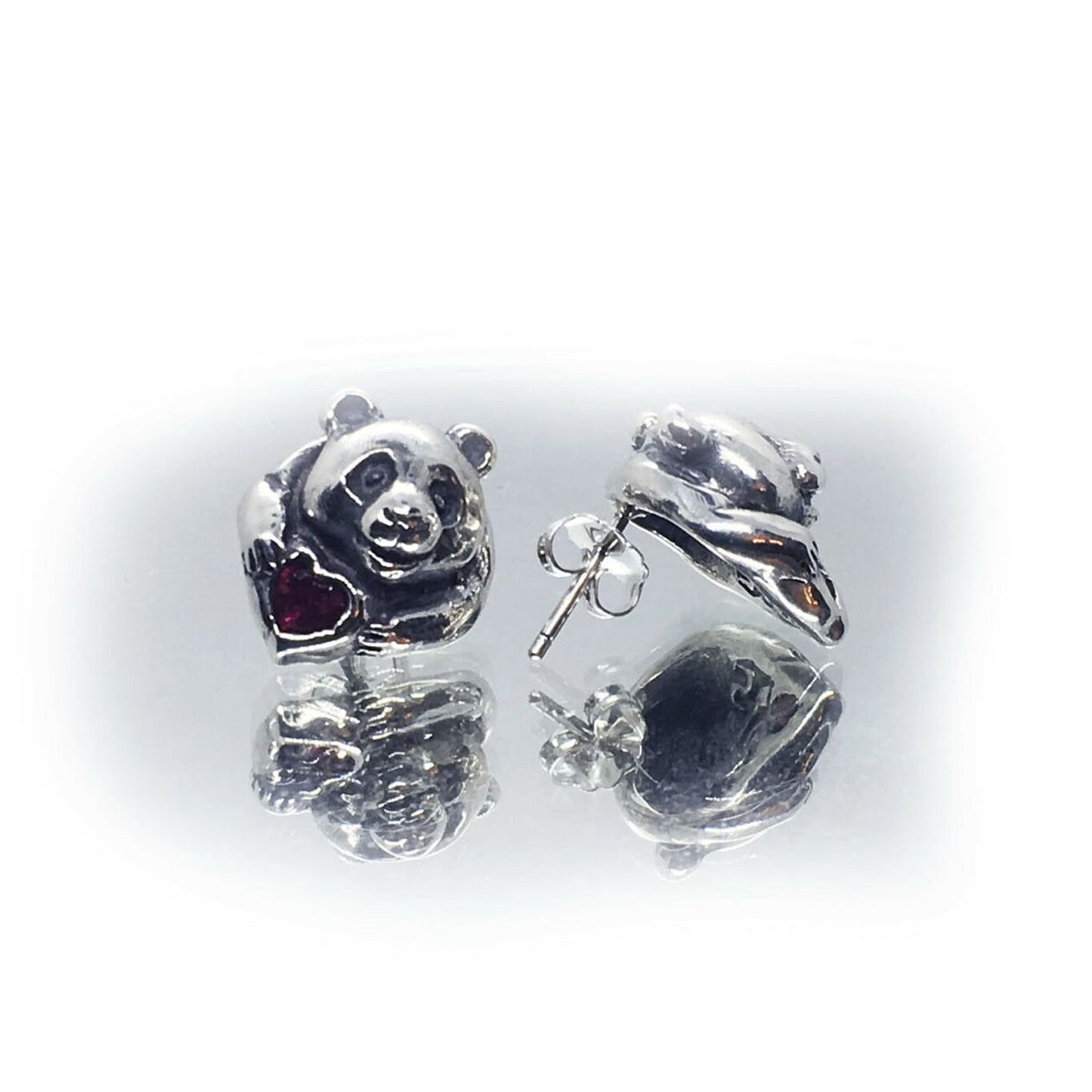 Panda Sterling Silver Earring with Heart Stones