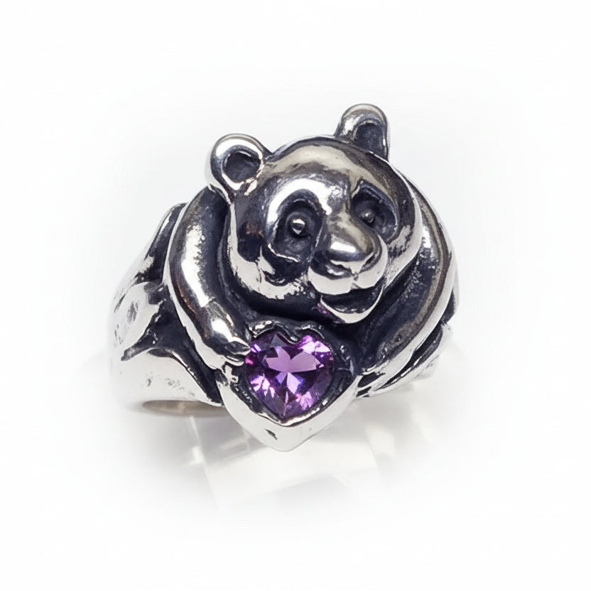 Panda Sterling Silver Ring with Heart CZ Stone