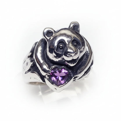 Panda Sterling Silver Ring with Heart CZ Stone