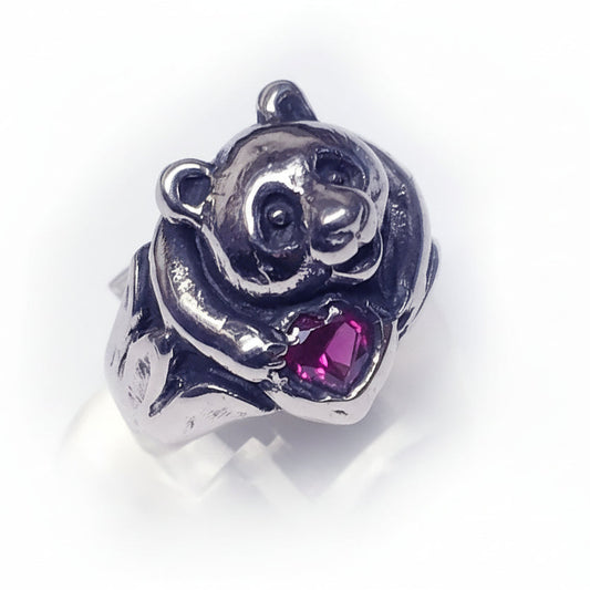 Panda Sterling Silver Ring with Heart CZ Stone