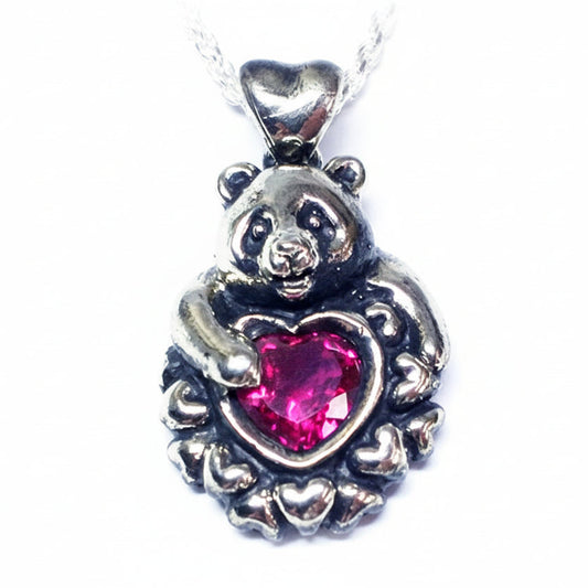 Panda With Big Love Heart CZ Stone Sterling Silver Pendant