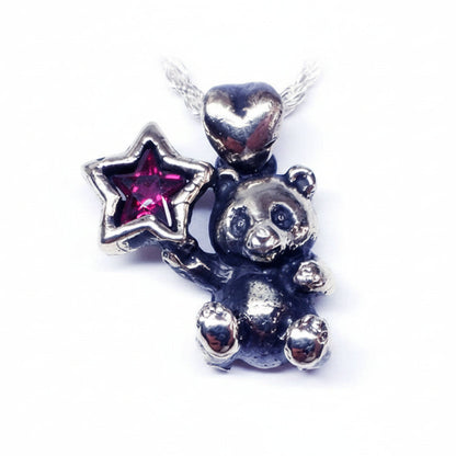 Panda With CZ Red Star Sterling Silver Pendant