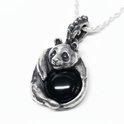 Panda With Onyx Stone Sterling Silver Pendant