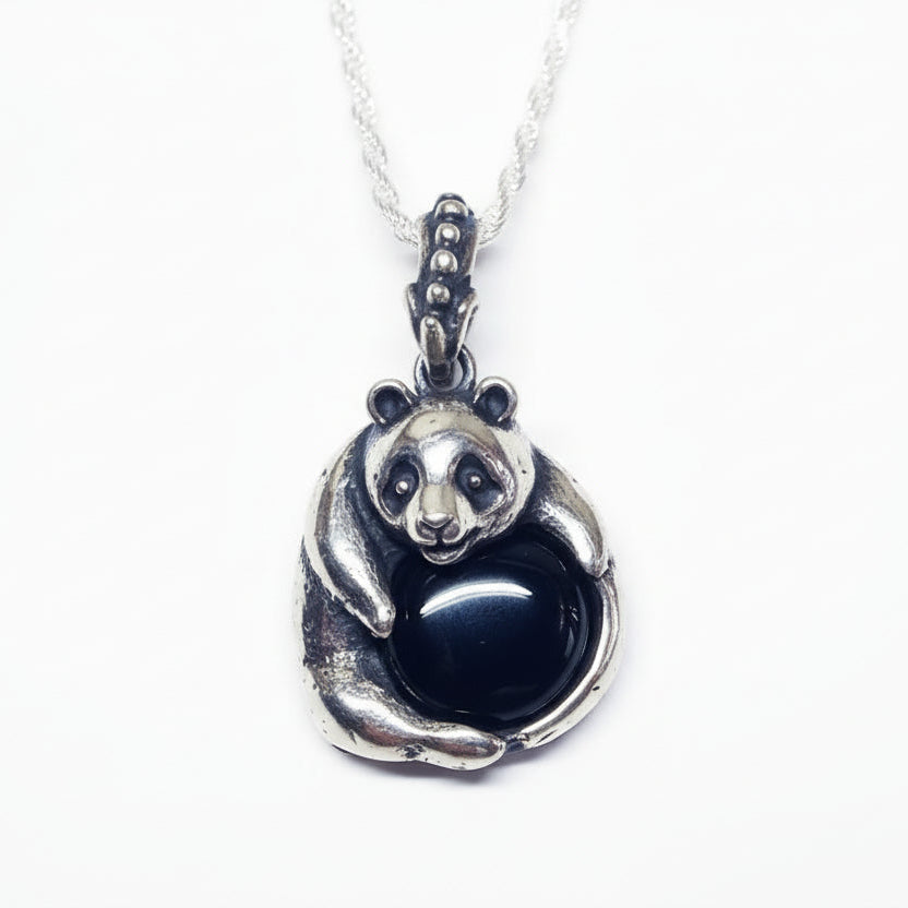 Panda With Onyx Stone Sterling Silver Pendant