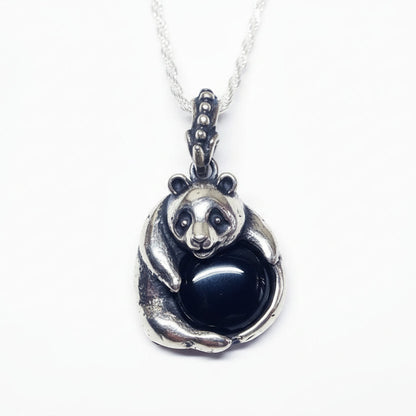 Panda With Onyx Stone Sterling Silver Pendant