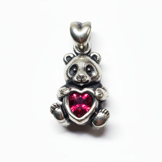 Panda Sterling Silver Pendant with Red CZ Heart Stone