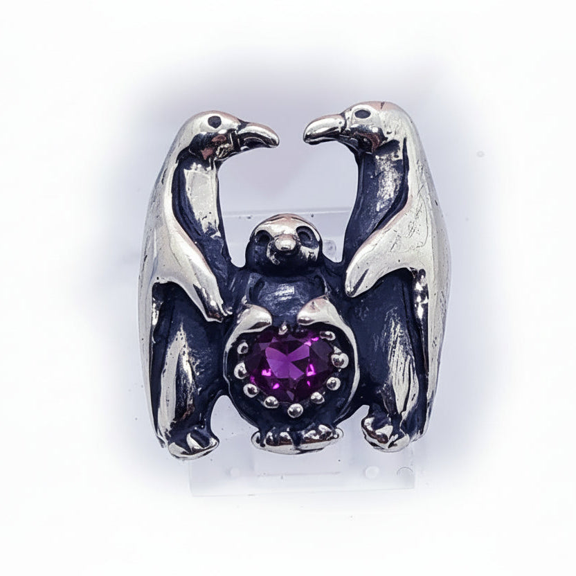Penguin Family with Heart Shape CZ Stone Ring