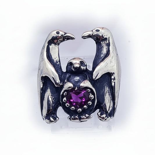 Penguin Family with Heart Shape CZ Stone Ring