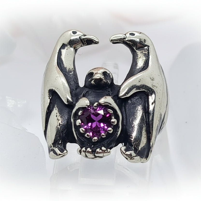 Penguin Family with Heart Shape CZ Stone Ring