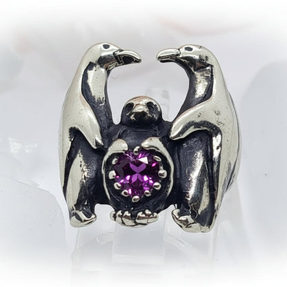 Penguin Family with Heart Shape CZ Stone Ring