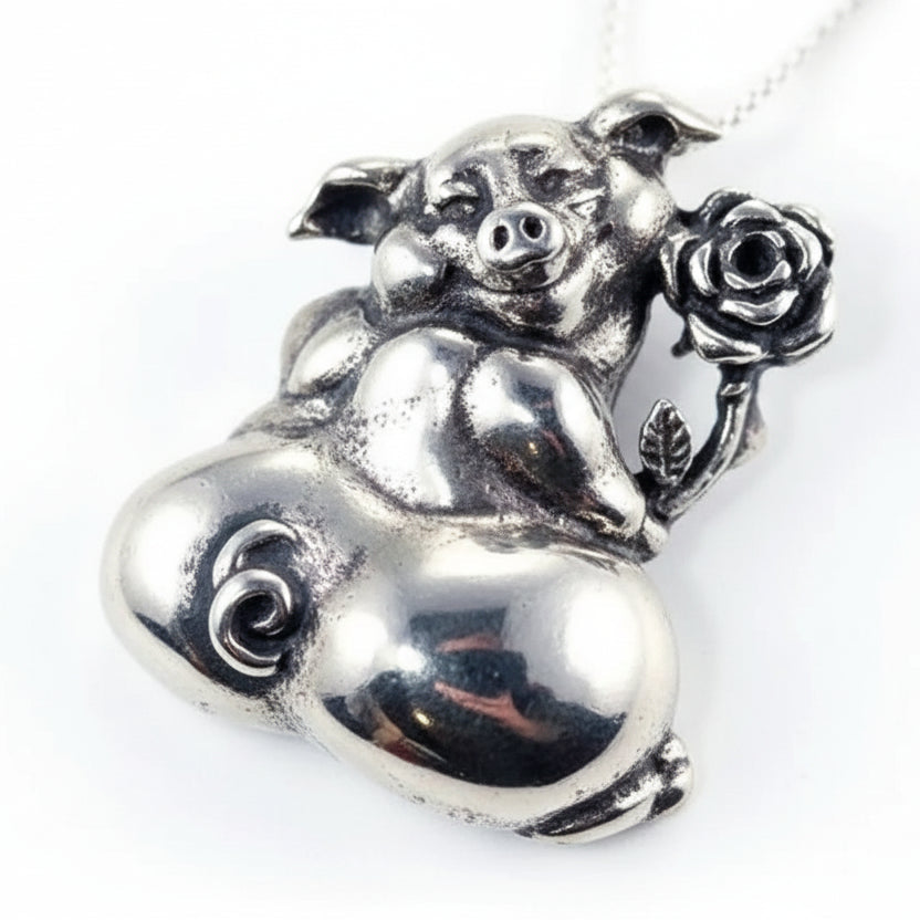 Pig with Flower Sterling Silver Pendant