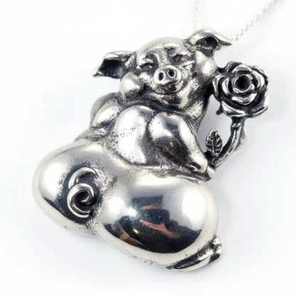 Pig with Flower Sterling Silver Pendant